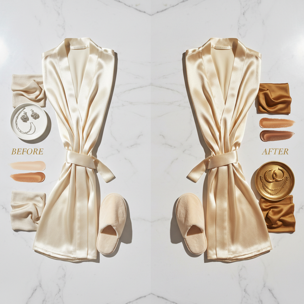 A refined before-and-after spray tan flat-lay display on a smooth white marble surface: two identical sets of high-end silk robes, slippers, and jewelry trays, with one side subtly deeper in bronzed tones using accessories, makeup swatches, and fabric samples to represent a rich, natural tan without showing skin. Soft studio lighting from above creates delicate reflections on the marble and gentle shadows around each object. The composition is symmetrical from a bird’s-eye view, emphasizing the tasteful transformation. Photographic realism with a polished, luxurious mood, perfect for illustrating the glow of a professional tan in an abstract, sophisticated way.
